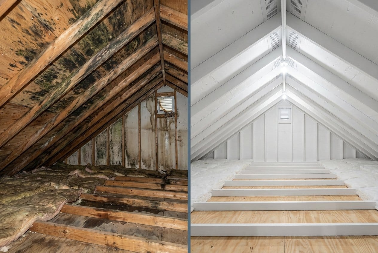 Before and after mold removal & remediation in Allendale commercial property attic space