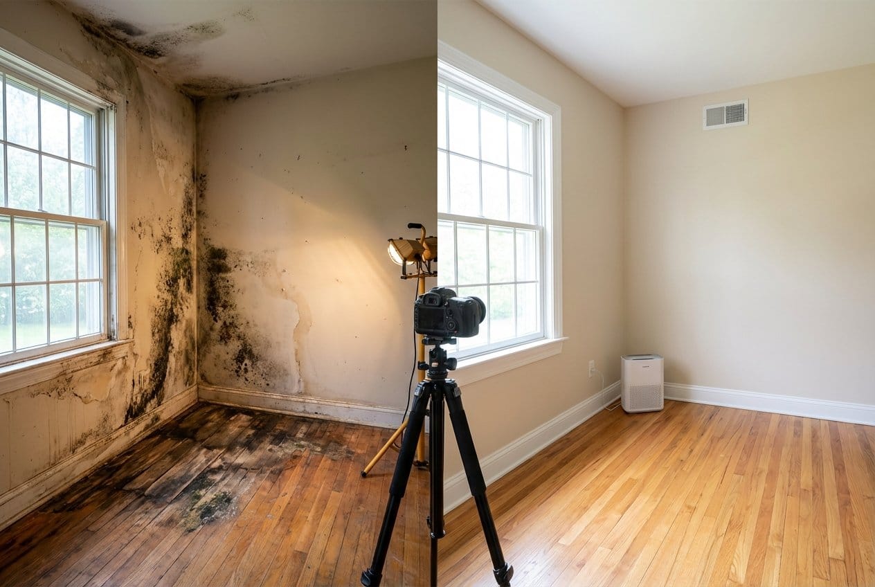 Before and after black mold removal in Allendale bungalow dining room