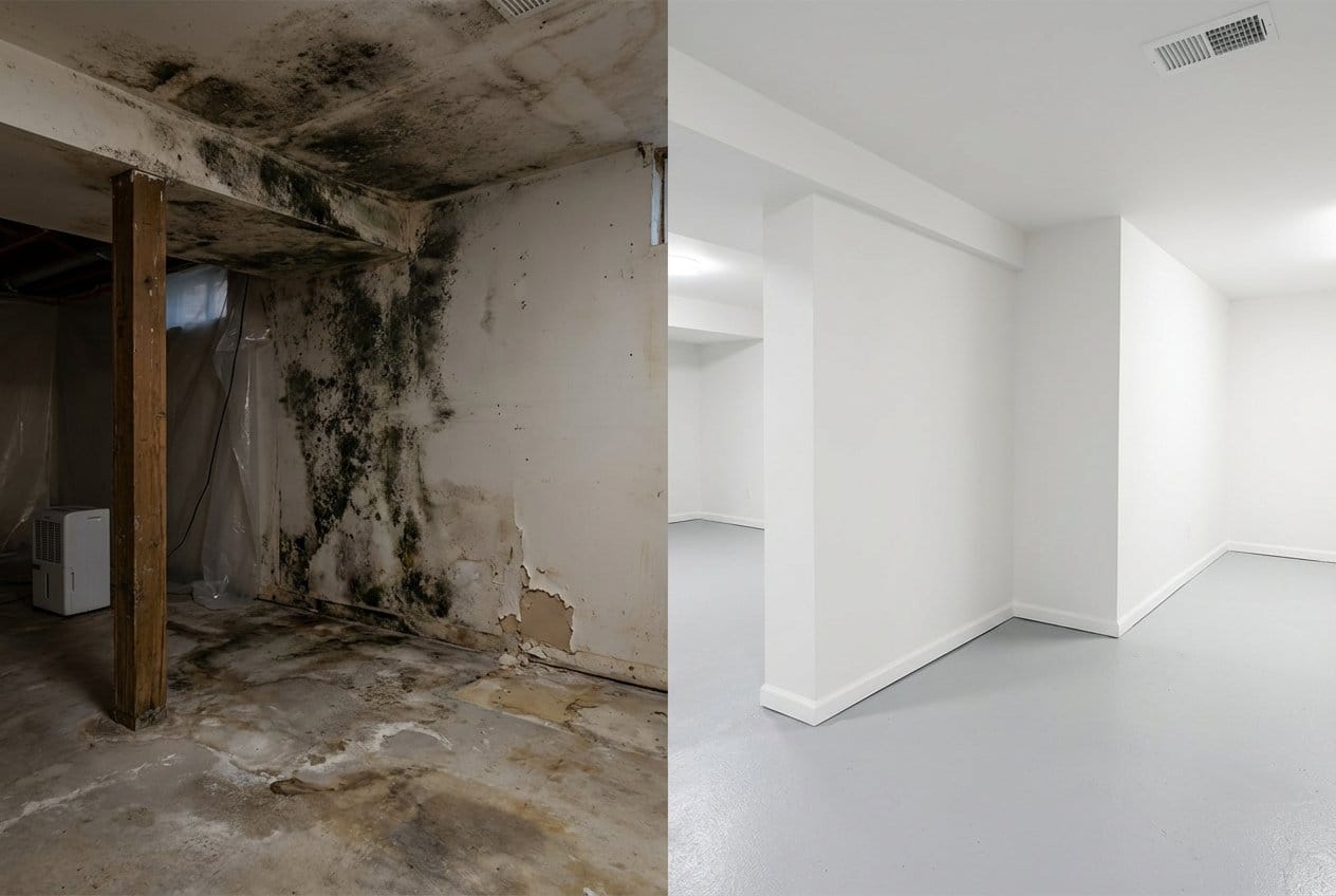 Attic & Crawl Space Mold Removal before and after in finished basement, Allendale NJ