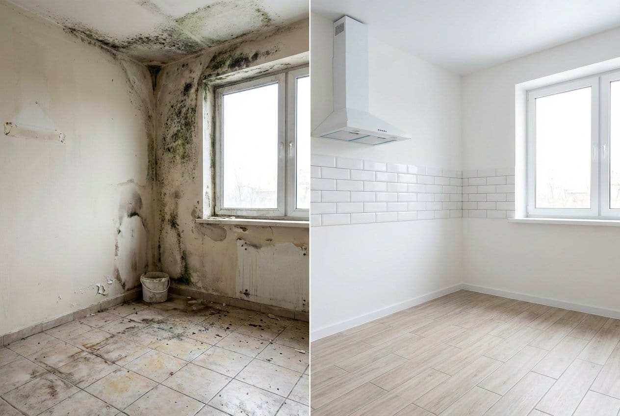 Basement & Foundation Mold Removal restoration ā home kitchen of two-story residence in Allendale, NJ