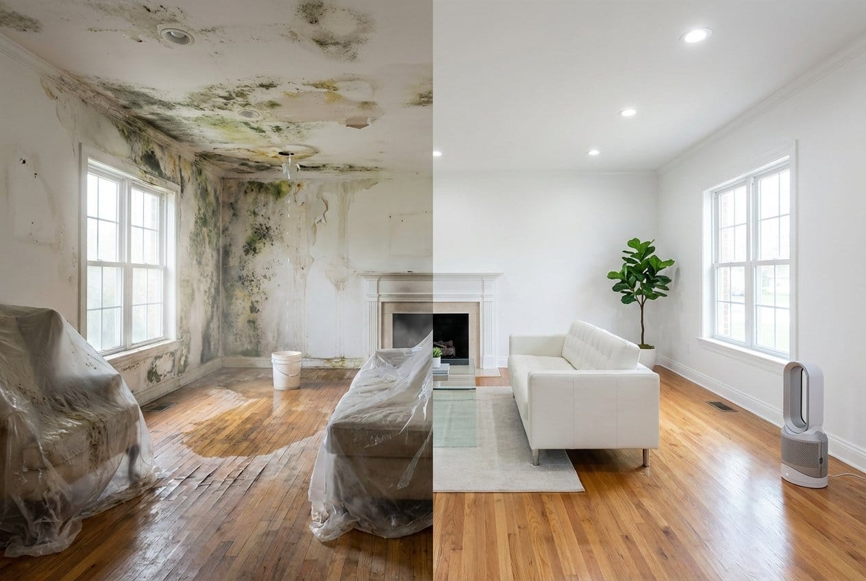 Bathroom & Kitchen Mold Removal before and after in living room, Allendale NJ