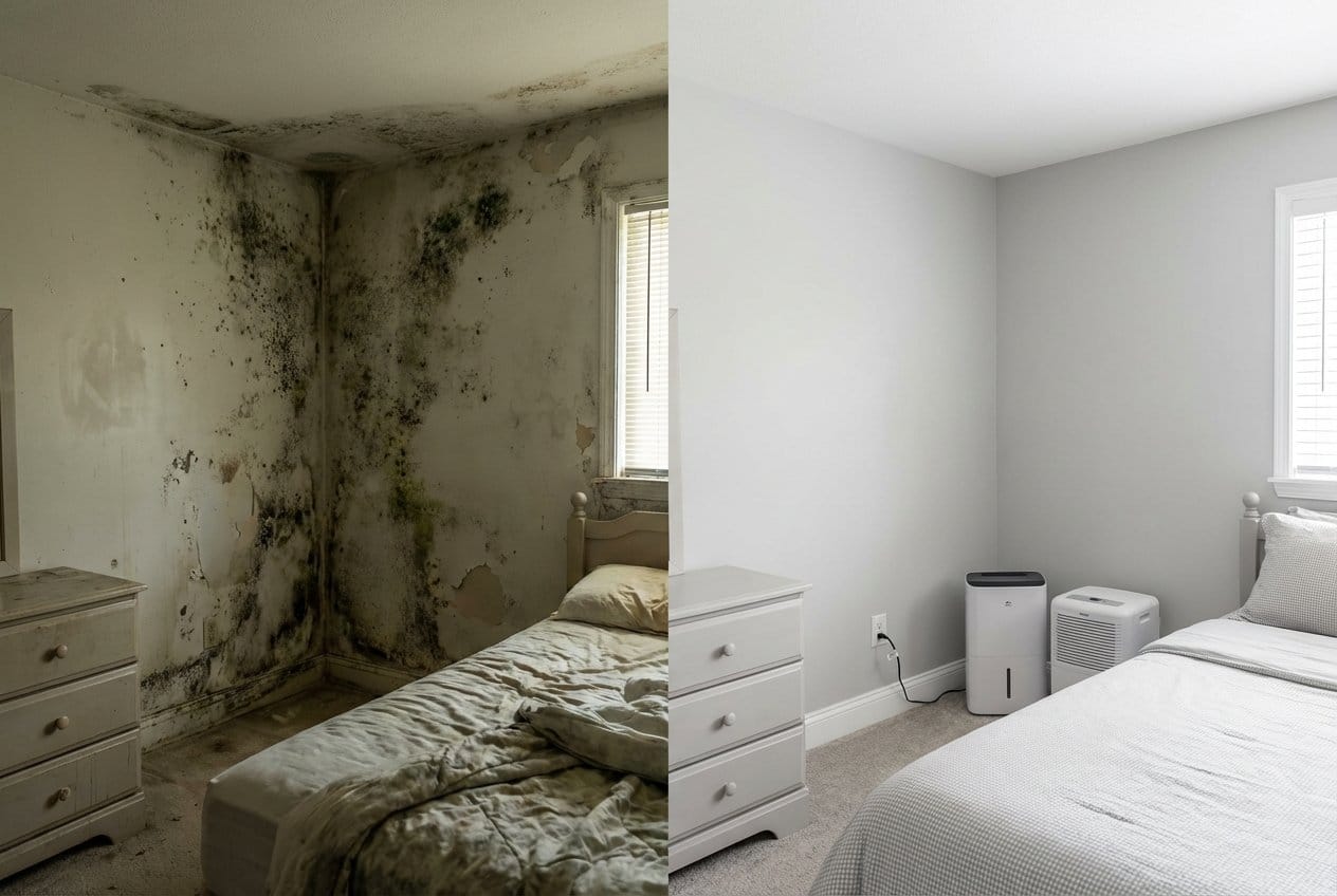 Before and after bathroom & kitchen mold removal in Allendale bi-level home bedroom