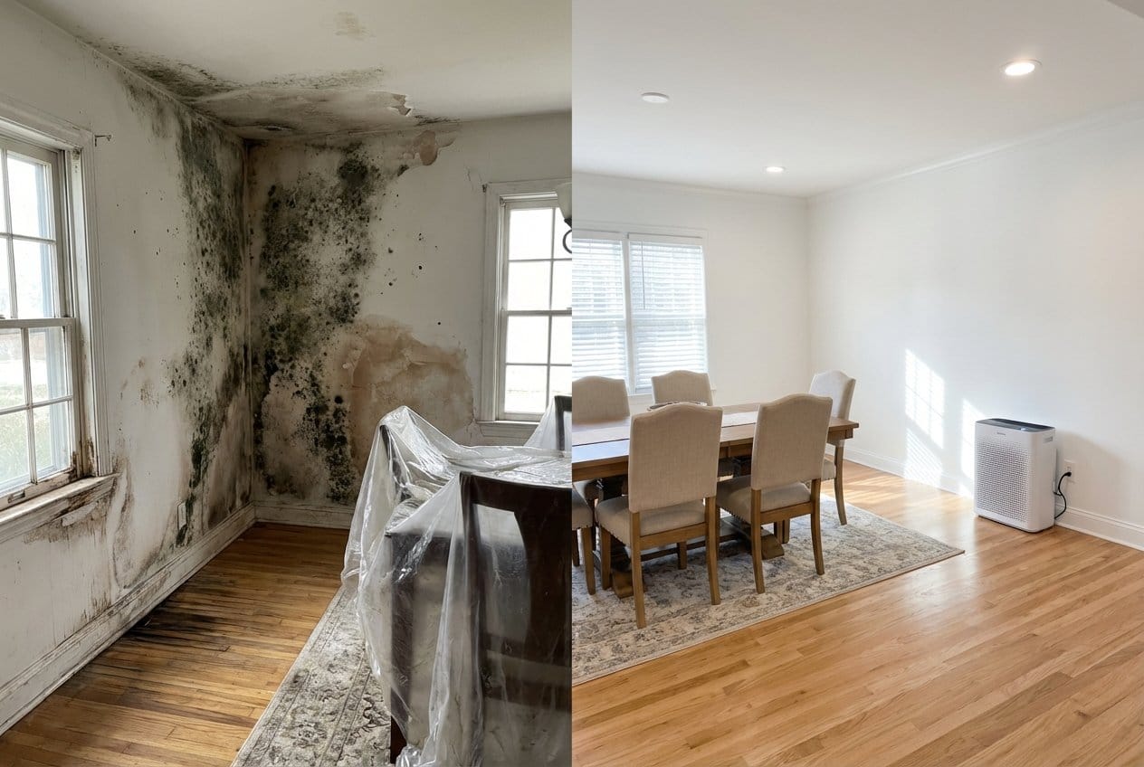Before and after odor removal & disinfection in Allendale ranch-style home dining room