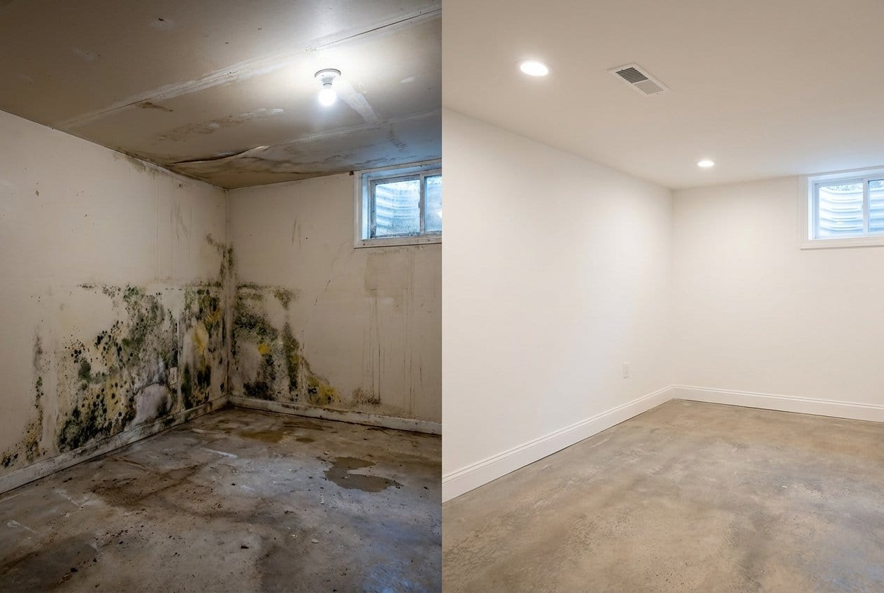 Humidity & Moisture Control Solution before and after in finished basement, Allendale NJ