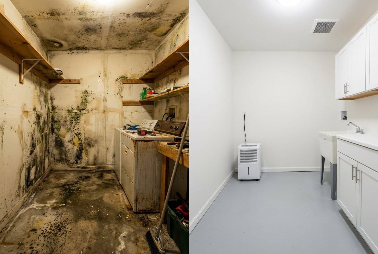 Humidity & Moisture Control Solution restoration — utility room of private residence in Allendale, NJ